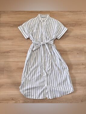 J. Crew Striped Shirt Dress with Self Tie Waist - White/Black